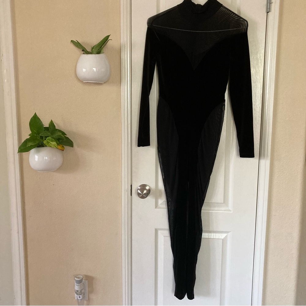 Black Sheer Long Sleeve Pants Bodysuit Catsuit Size S
